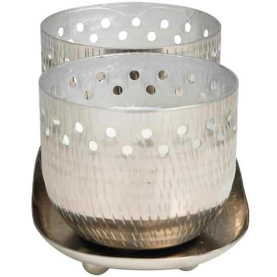 White Wax Vanilla Marshmallow Scented Candle Set with Cutout Spotted Silver Container and Oval Holding Tray